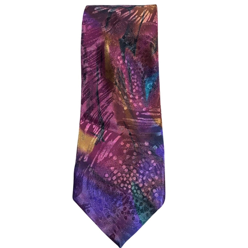 Italian Silk Handmade Abstract Painterly Necktie Purple Teal Gold Geometric Mens